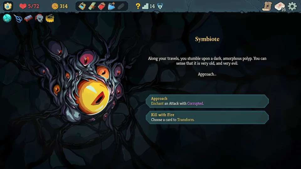 The Symbiote event, a dark many-eyed polyp with a glowing yellow core, with options to approach it or kill it with fire
