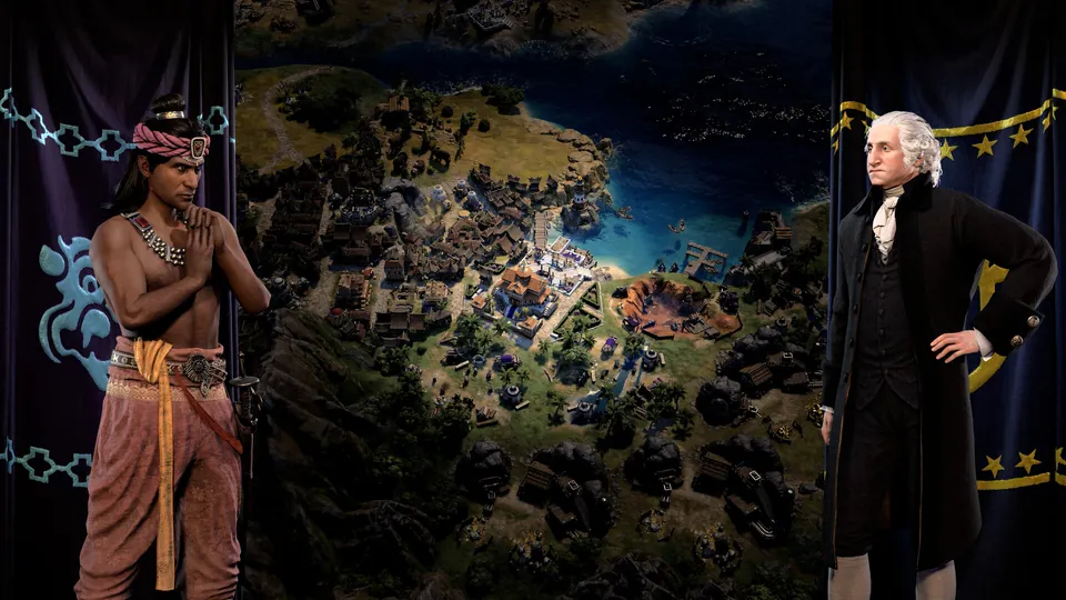 George Washington, a Hall of History leader, stands across the map from another leader in Civilization VII.