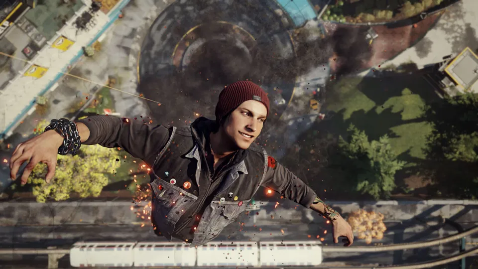 Delsin Rowe dives toward a Seattle street from high above in inFamous Second Son