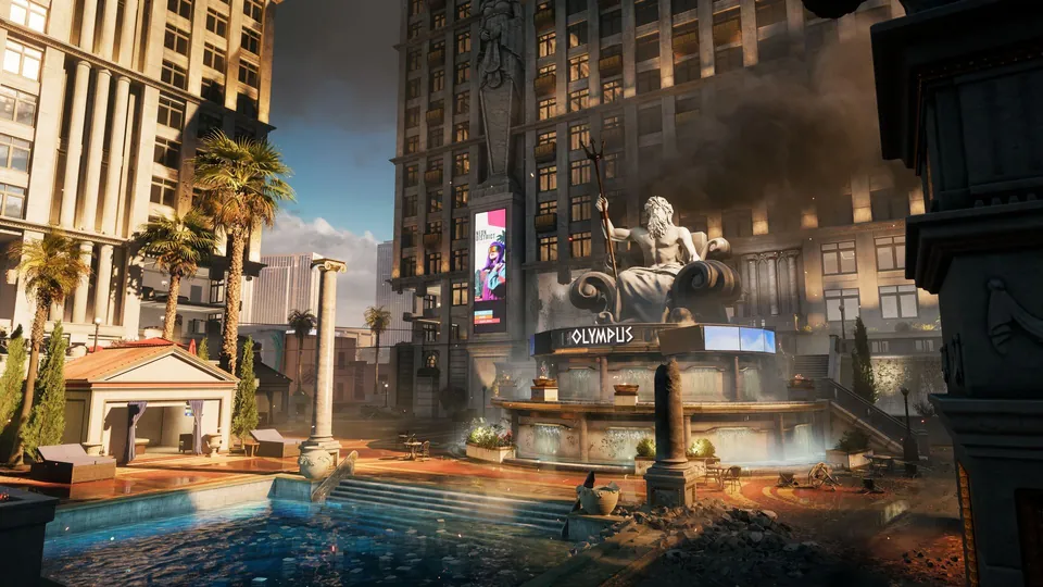 A Greek-themed hotel pool with columns and statues sits between towers on the Vegas Strip map in Battlefield 6