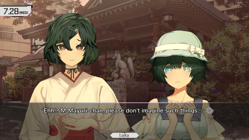 Luka Urushihara and Mayuri Shiina stand in front of a shrine in Steins;Gate Re:Boot