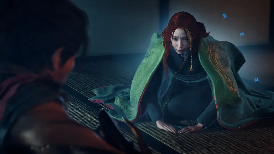 A red-haired woman in a green robe kneels on a tatami floor facing Musashi in Onimusha: Way of the Sword