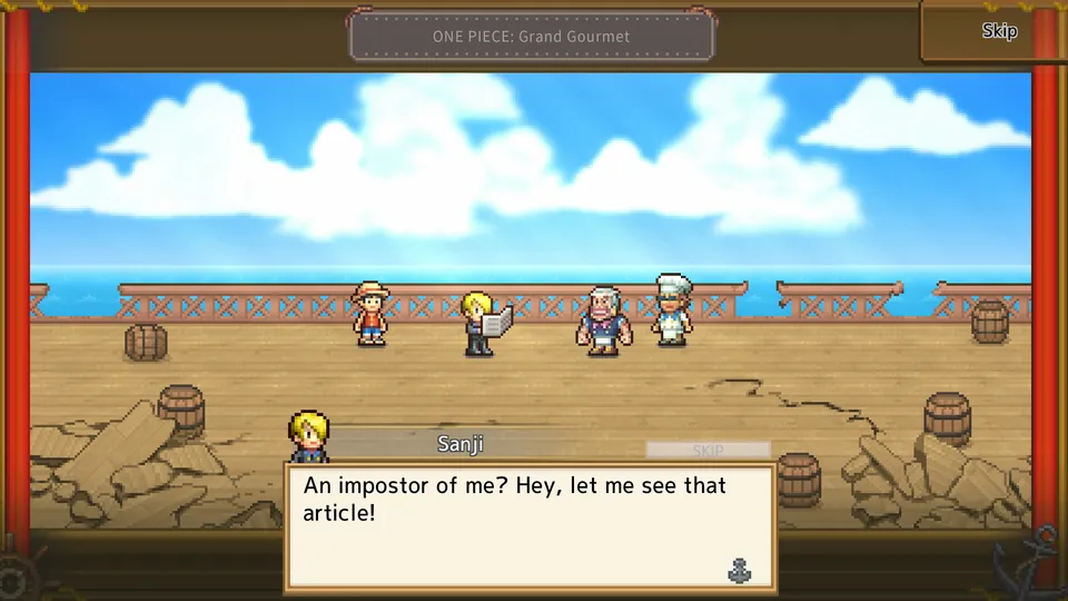 Sanji talks with the crew on a ship's deck by the sea in One Piece: Grand Gourmet