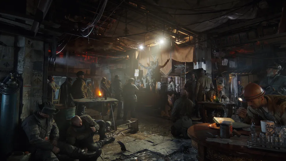 A crowded underground market in a Metro station, lit by lamps, in Metro 2039