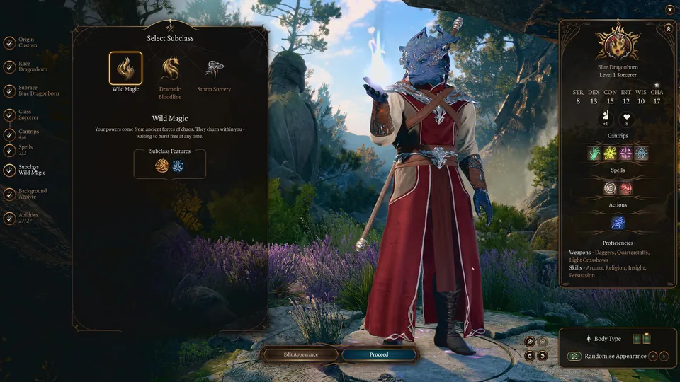 The subclass selection screen shows Wild Magic for a tiefling sorcerer in red robes