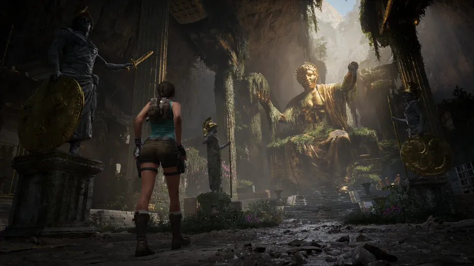 Lara Croft walks between huge Greek statues in a sunlit, overgrown temple in Tomb Raider: Legacy of Atlantis