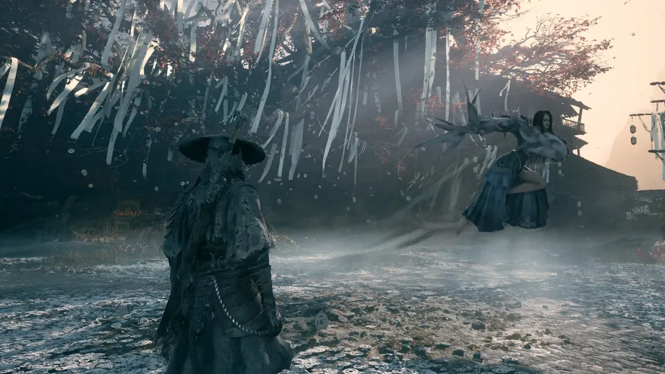 Soul faces a fighter in white leaping through falling petals and ribbons in Phantom Blade Zero
