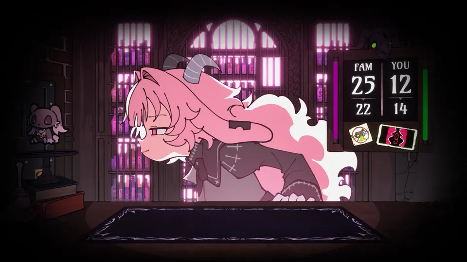 The demon slumps over the bar, drunk, while the score board shows 25 to 12