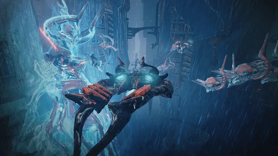 Warframe: Tau image: Sentient enemies fly through heavy rain between the towers of a dark city