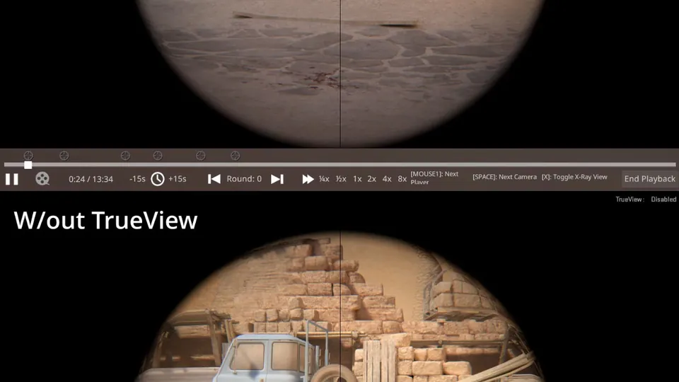Counter-Strike 2 demo playback of a sniper scope aimed at a truck, shown with and without TrueView