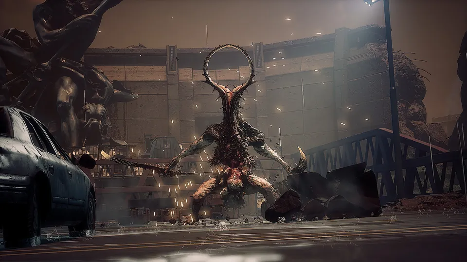 A towering Naytiba creature with curved horns stands in a ruined city street in Stellar Blade