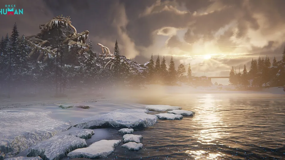 Isles of Abyss screenshot: a frozen shore with ice floes and the skeleton of a giant sea creature