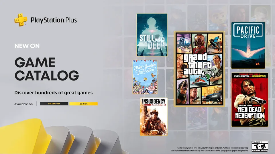 PlayStation Plus Game Catalog banner for November 2025 with Grand Theft Auto V, Pacific Drive and Red Dead Redemption