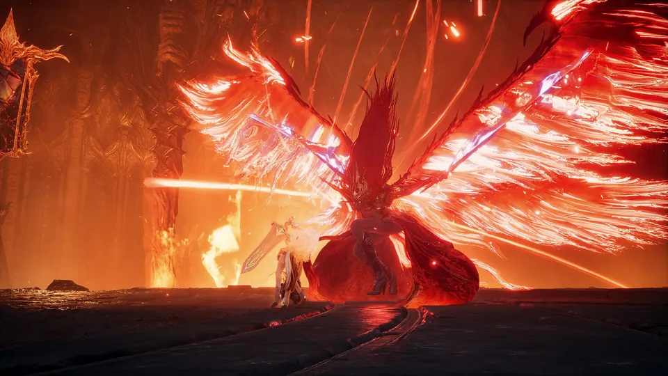 AION 2 player with a sword facing a boss with huge red fiery wings in a hall of lava