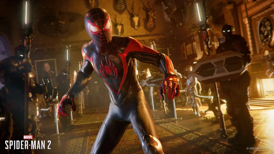 Miles Morales in a black and red suit facing enemies in a trophy room in Marvel's Spider-Man 2