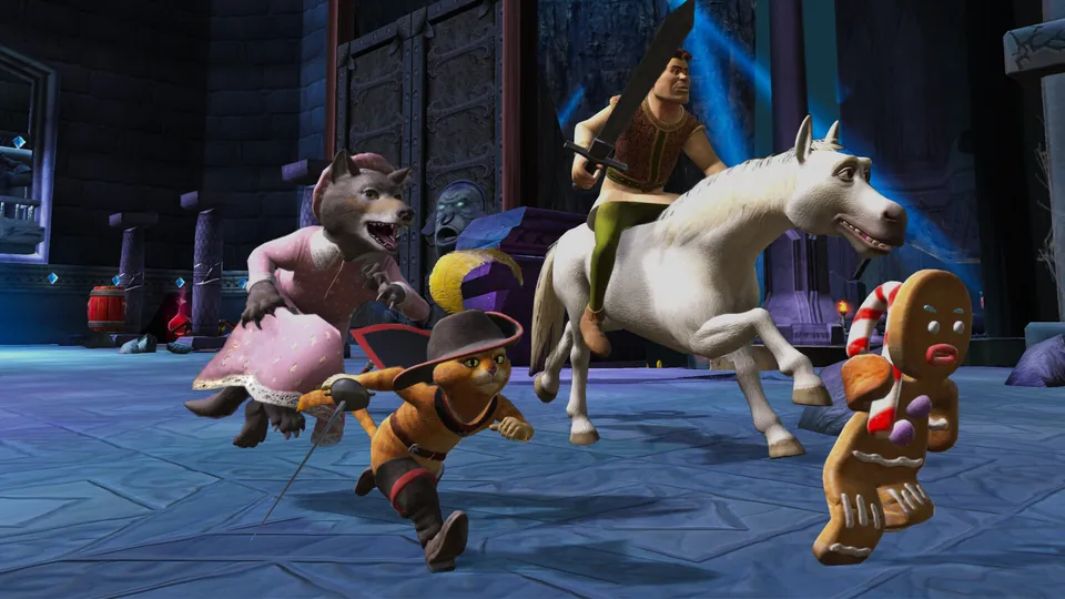 A white horse, Puss in Boots and Gingy race through a blue-lit castle hall in Shrek 2 Remastered