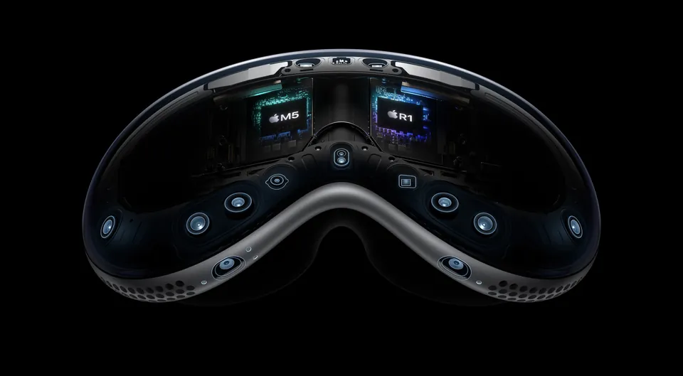 The inside of Apple Vision Pro showing its M5 and R1 chips