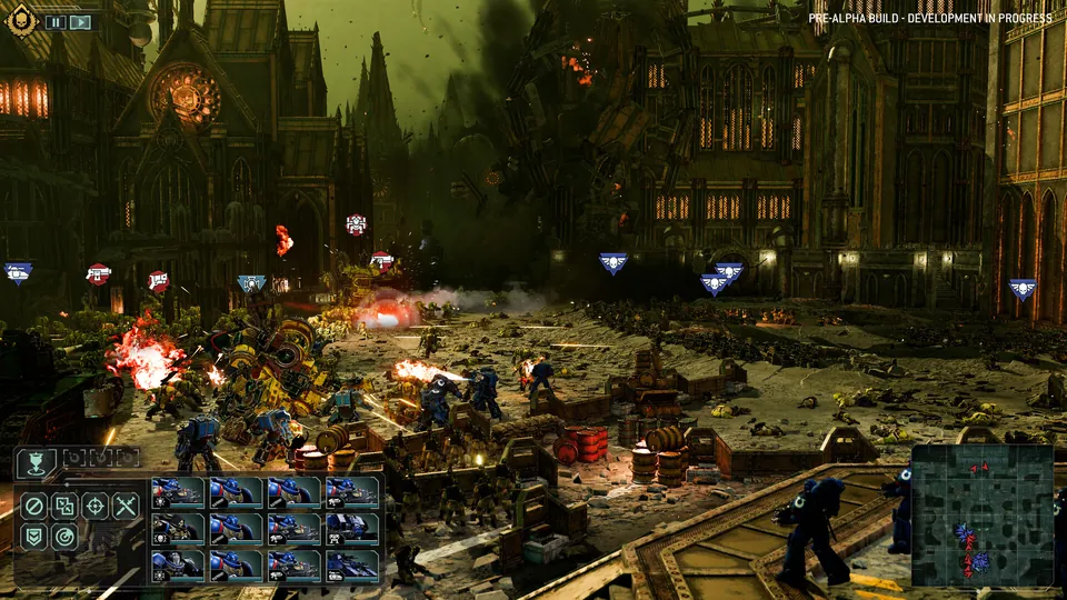 A ground battle with explosions in a gothic city in Total War: Warhammer 40,000