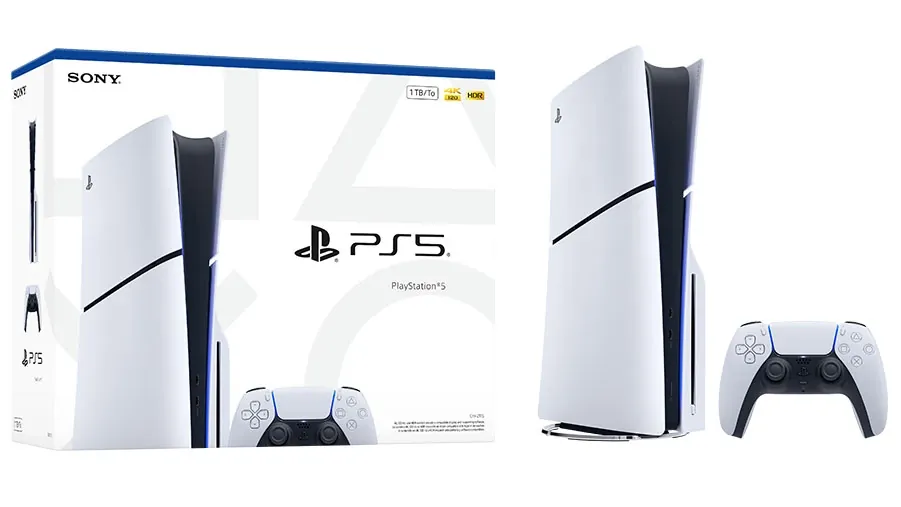 The boxed PS5 with a disc drive shown next to the console and a DualSense controller