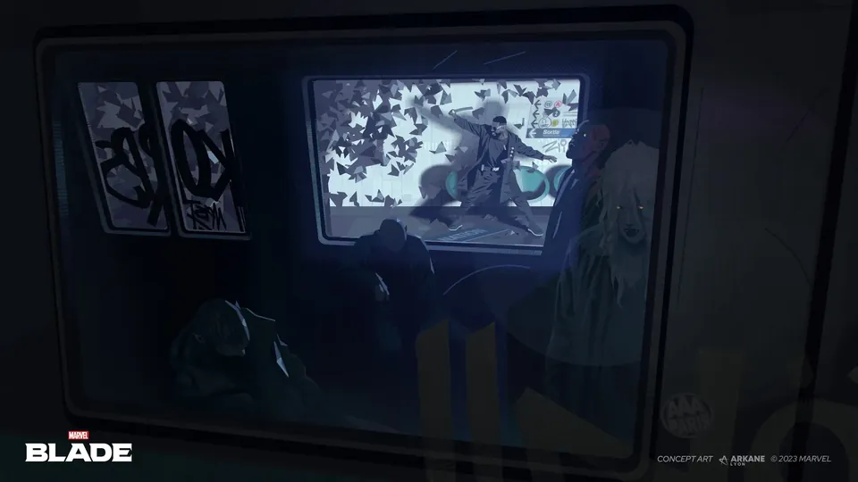 Concept art of Blade swinging a sword amid a swarm of bats on a metro platform, seen through a train window as a vampire waits inside