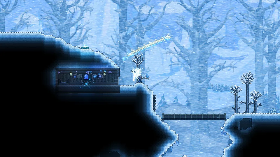 A small house sits at the edge of a frozen snowy forest in Terraria
