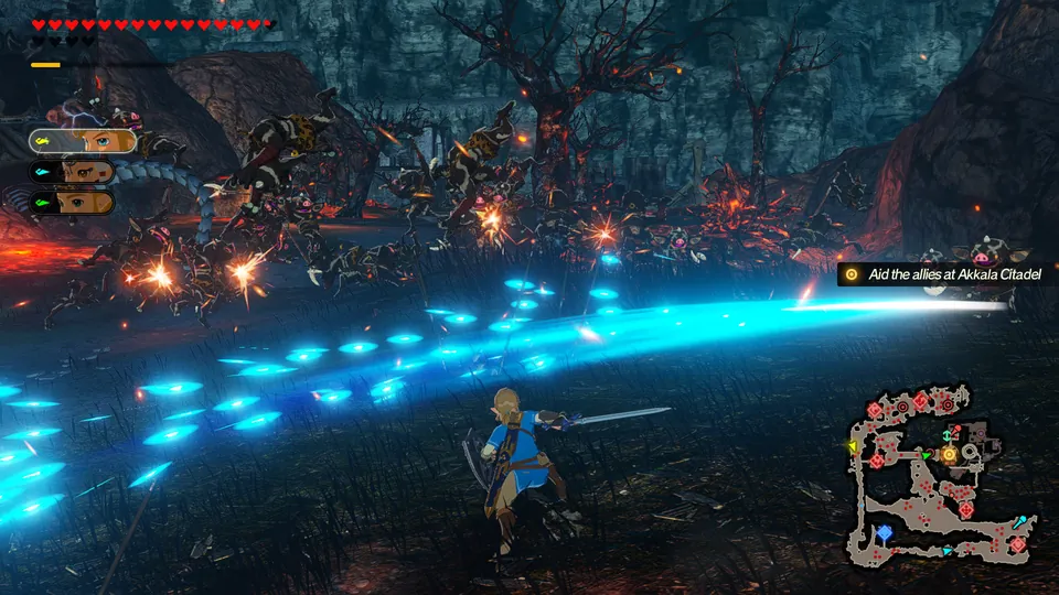 Link fights through enemy lines at night near Akkala Citadel in Hyrule Warriors: Age of Calamity Definitive Edition