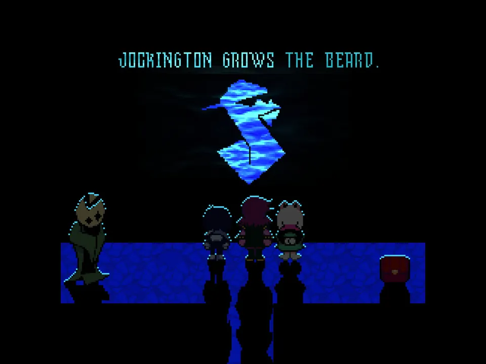 A dark stage with a blue diamond shape floating above a group of silhouetted characters