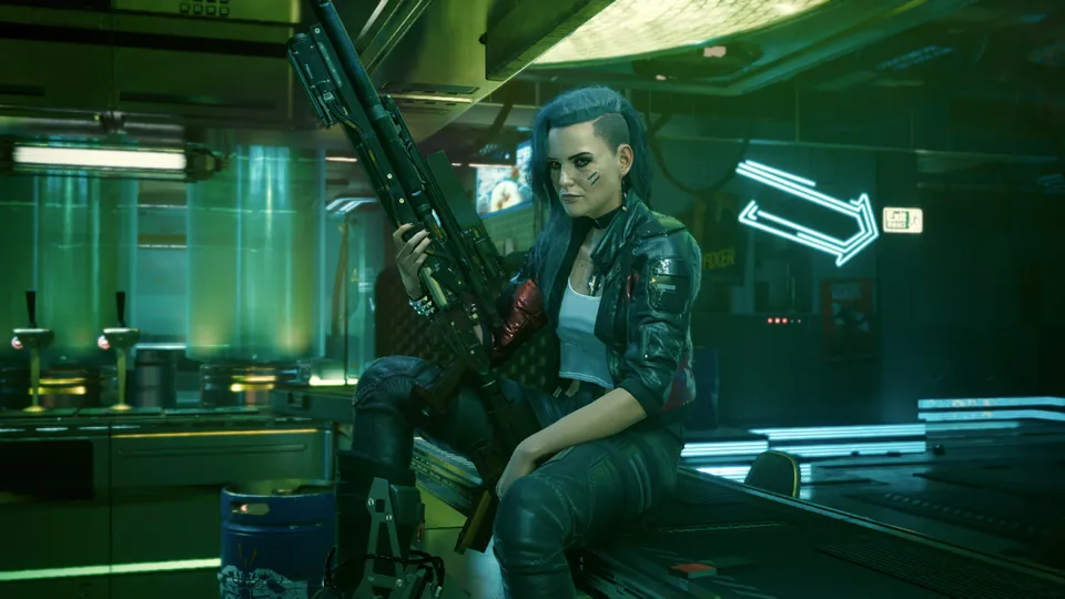 A blue-haired mercenary in a leather jacket sits with a rifle in a green neon-lit bar in Cyberpunk 2077 on Nintendo Switch 2