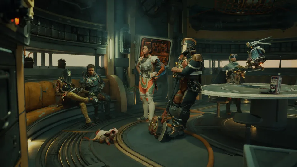 The Commander's companions relax around a table aboard the ship Incognito