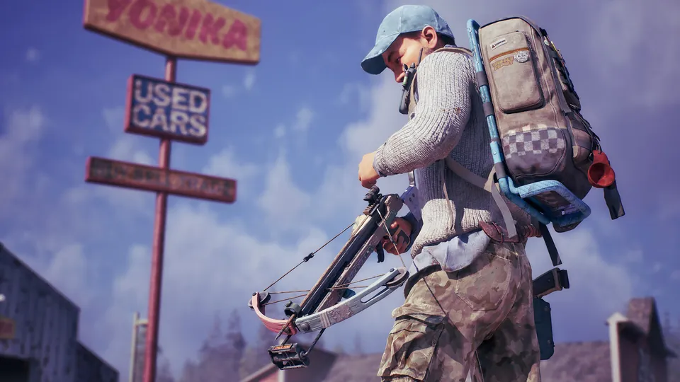 A survivor with a big backpack loads a crossbow under a used car lot sign in State of Decay 3