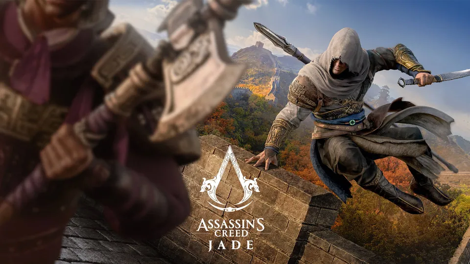 A hooded assassin leaps along the Great Wall of China with two blades in Assassin's Creed Jade key art