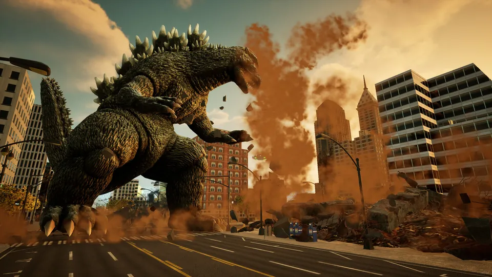 Godzilla roars on a city street as orange smoke rises between office towers in Godzilla: Destroy All Monsters Melee Remastered