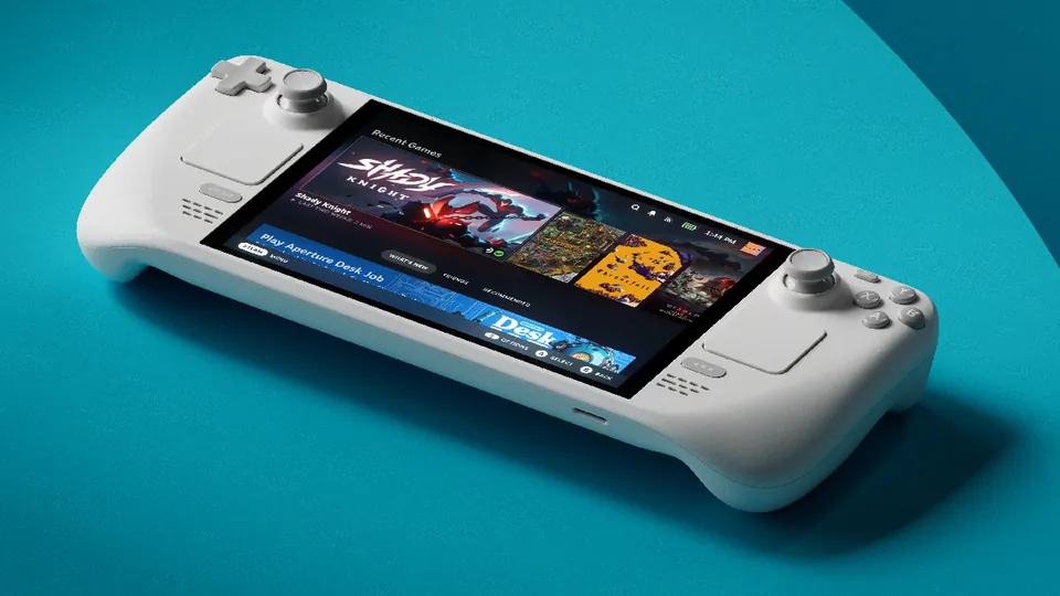 A white and gray Steam Deck OLED Limited Edition White on a teal background
