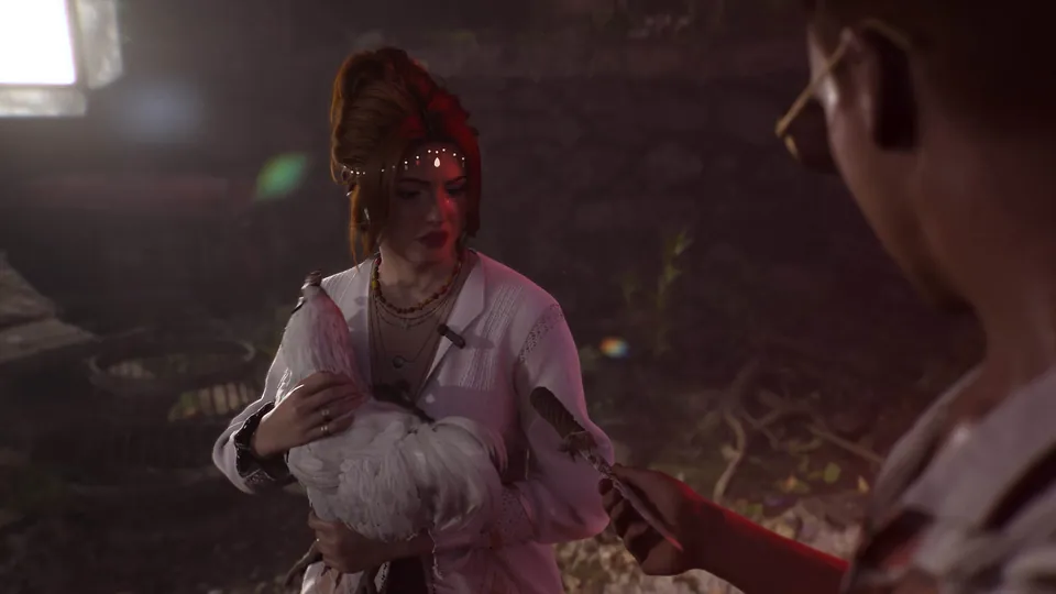 A woman holds a white chicken as someone hands over a knife in Until Dawn 2
