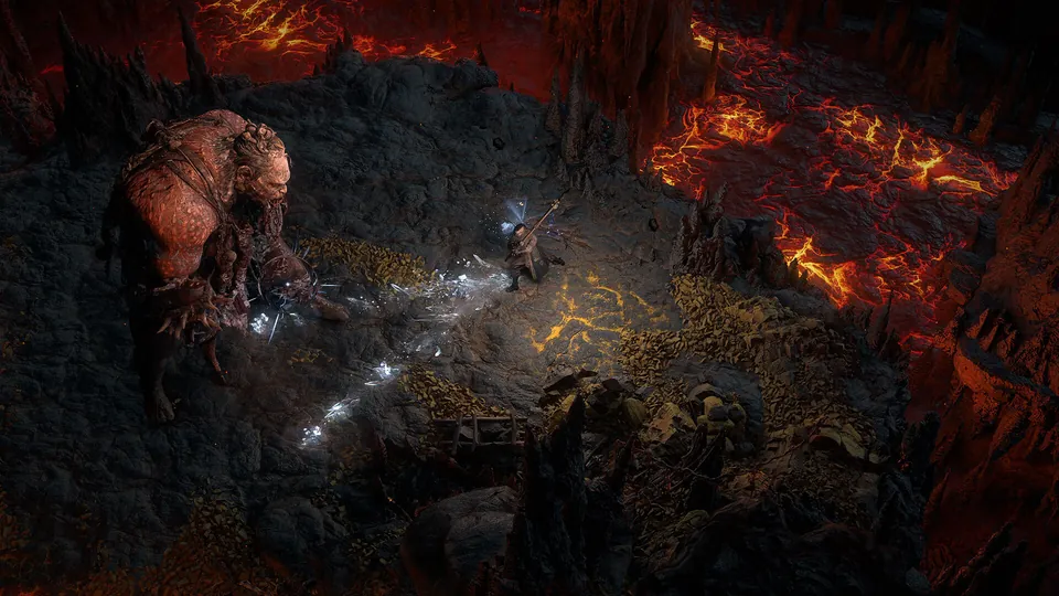 A hulking brute charges beside rivers of lava as the player casts lightning in Path of Exile 2