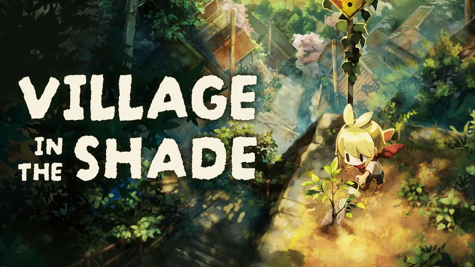 Village in the Shade key art: the protagonist waters a sapling next to the game's logo in Kagatsu