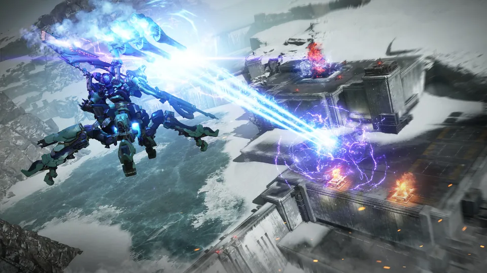 A blue mech flies over a snowy landscape firing a bright energy beam at a target in Armored Core VI