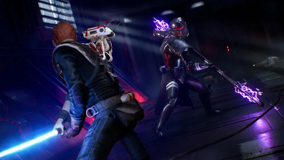 Cal Kestis, with BD-1 on one shoulder, faces a black-armored trooper holding a crackling staff in Star Wars Jedi: Fallen Order