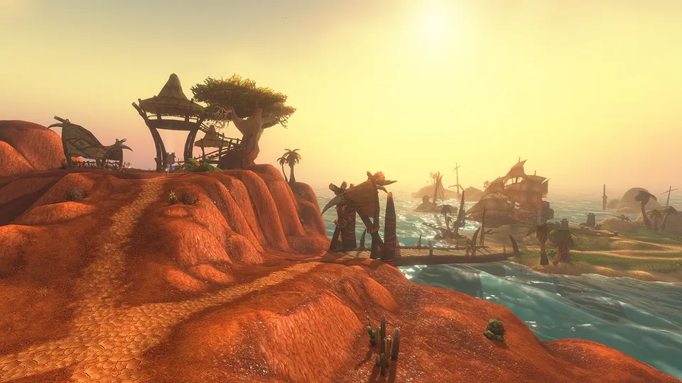 Red cliffs and huts on the Darkspear Islands, a 15v15 battleground in World of Warcraft: Forever
