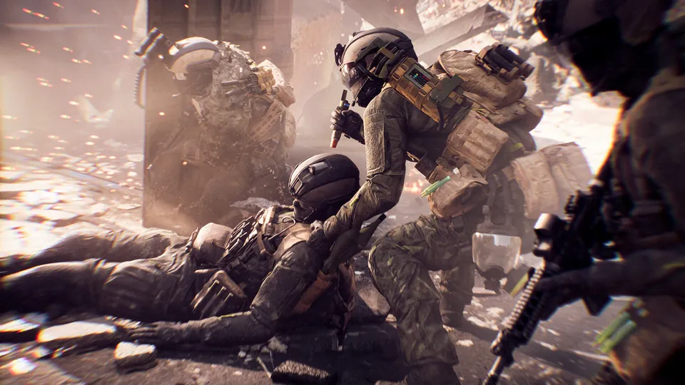 A Battlefield 6 soldier drags a wounded squadmate to safety amid sparks and debris