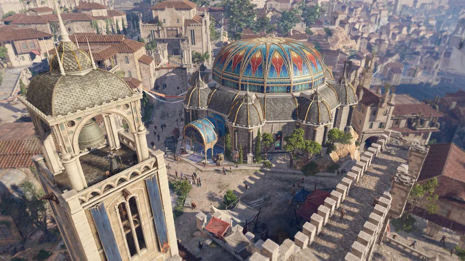 The domed rooftops and towers of the city of Baldur's Gate seen from above