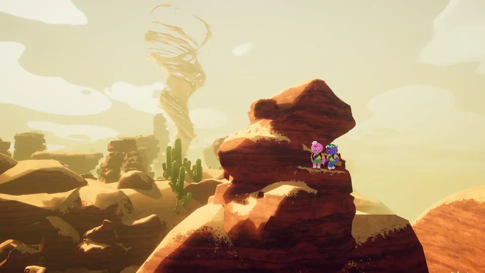 Two scouts stand on top of a red rock formation in a desert biome while a tornado spins in the distance