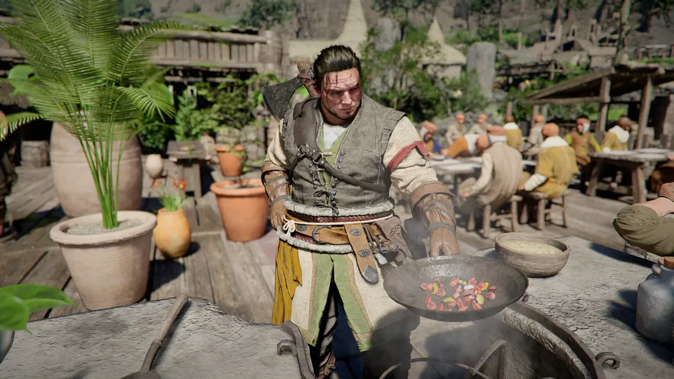 A cook in a leather vest stirs a pan at a busy outdoor restaurant with potted plants in Crimson Desert: Charting the Unknown