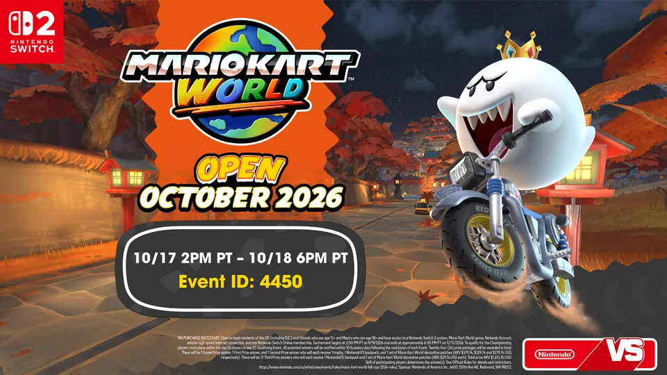 Mario Kart World Open October 2026 banner with King Boo on a motorbike and Event ID 4450