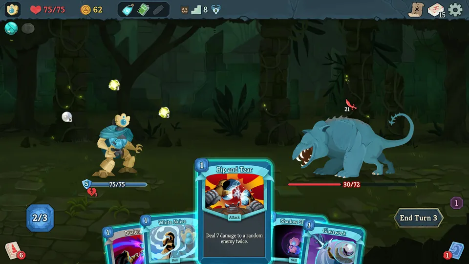 A golden automaton faces a blue beast in a dark jungle as an attack card is played in Slay the Spire 2