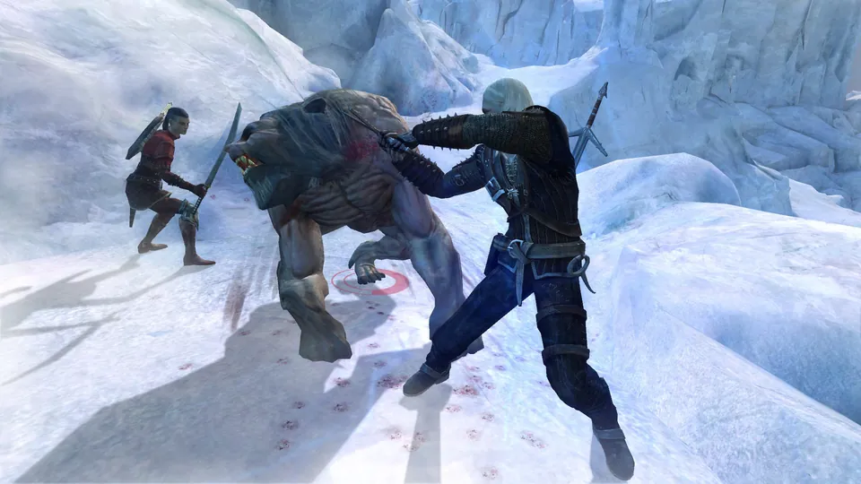 Geralt fights a huge beast in the snow in the 2007 Witcher, the game the remake rebuilds in Unreal Engine 5
