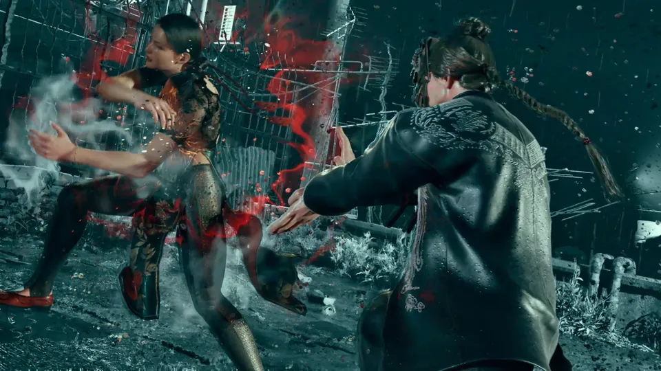 A fighter in a dark outfit strikes at a masked opponent in a leather jacket amid swirling smoke