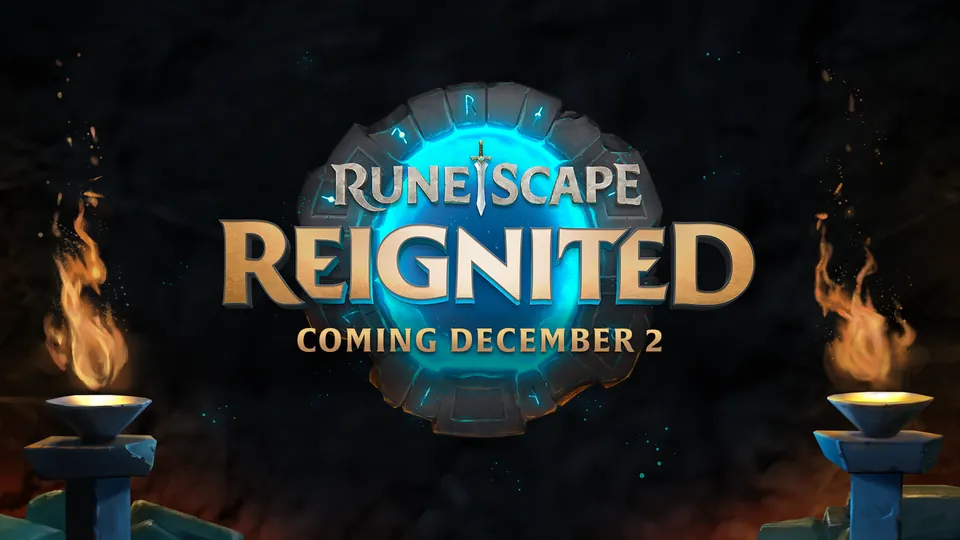 RuneScape Reignited logo on a glowing blue stone ring between two torches, with the original Coming December 2 date