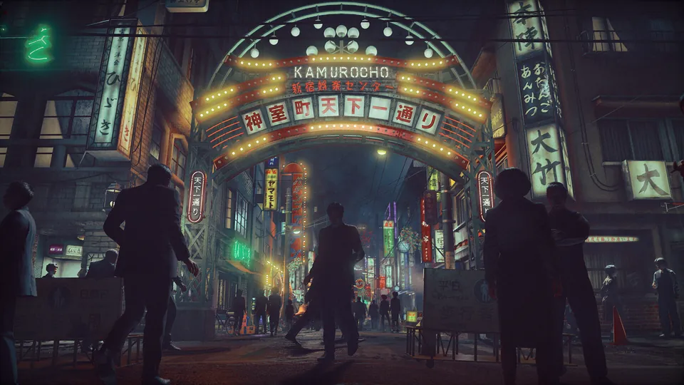 Crowds walk under a glowing neon Kamurocho arch on a city street at night in Stranger Than Heaven