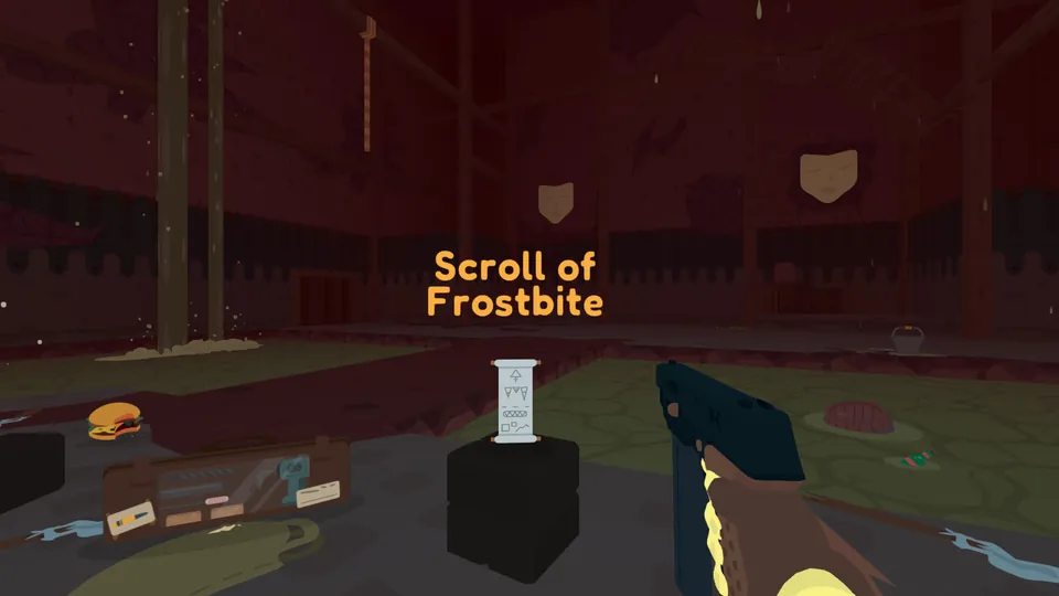 A Scroll of Frostbite stands on a pedestal in a dark red hall as a player holds a pistol in Sulfur